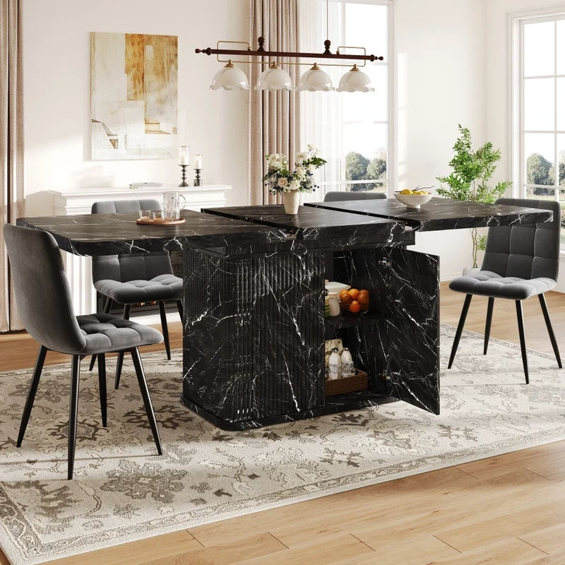 Tavolo da pranzo allungabile da 120 a 160 cm; tavolo da pranzo nero moderno con contenitore nascosto