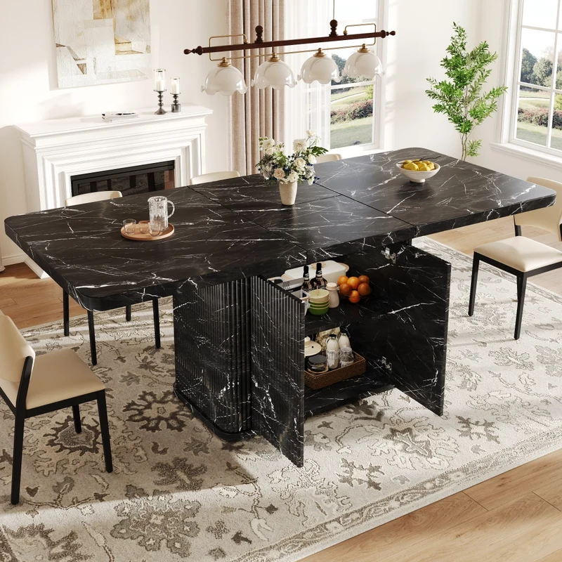 Tavolo da pranzo allungabile da 120 a 160 cm; tavolo da pranzo nero moderno con contenitore nascosto
