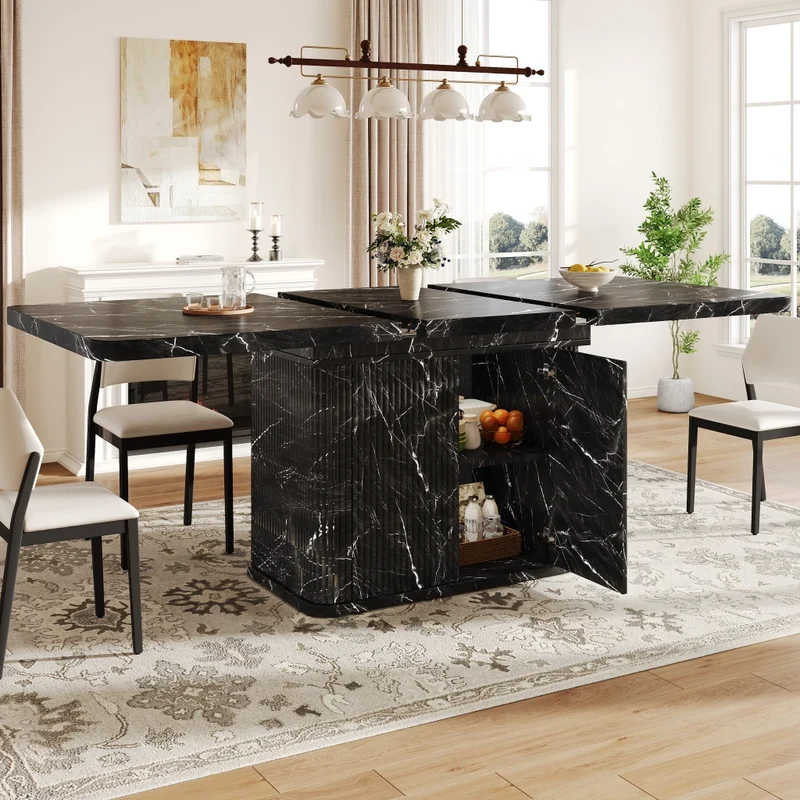 Tavolo da pranzo allungabile da 120 a 160 cm; tavolo da pranzo nero moderno con contenitore nascosto