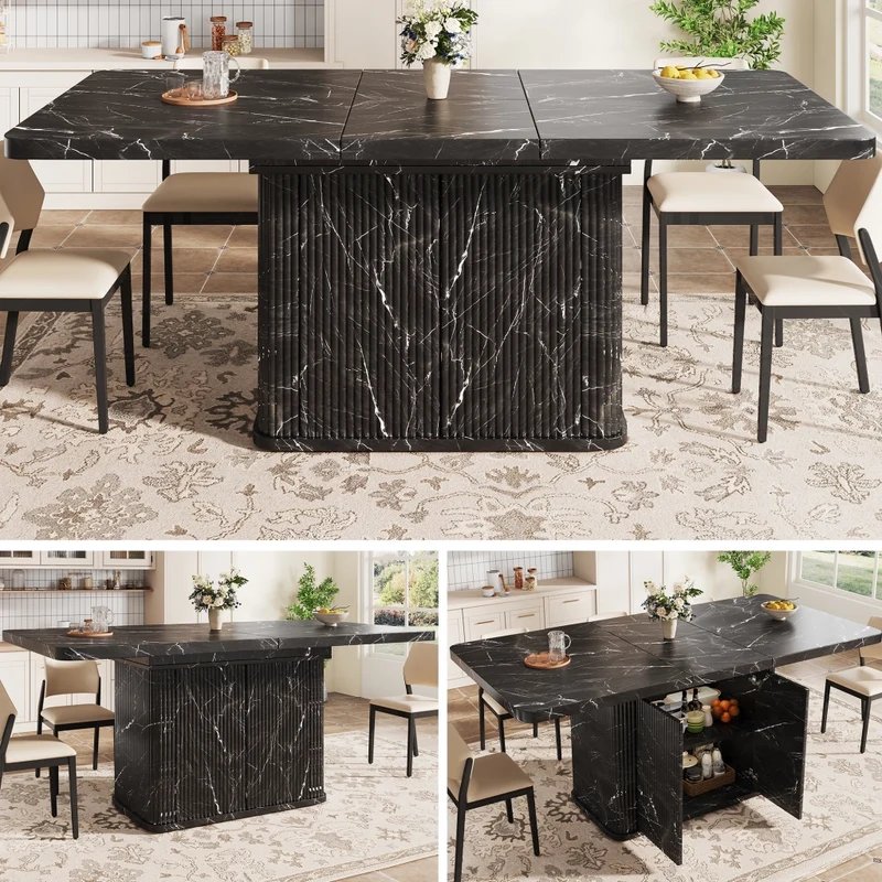 Tavolo da pranzo allungabile da 120 a 160 cm; tavolo da pranzo nero moderno con contenitore nascosto