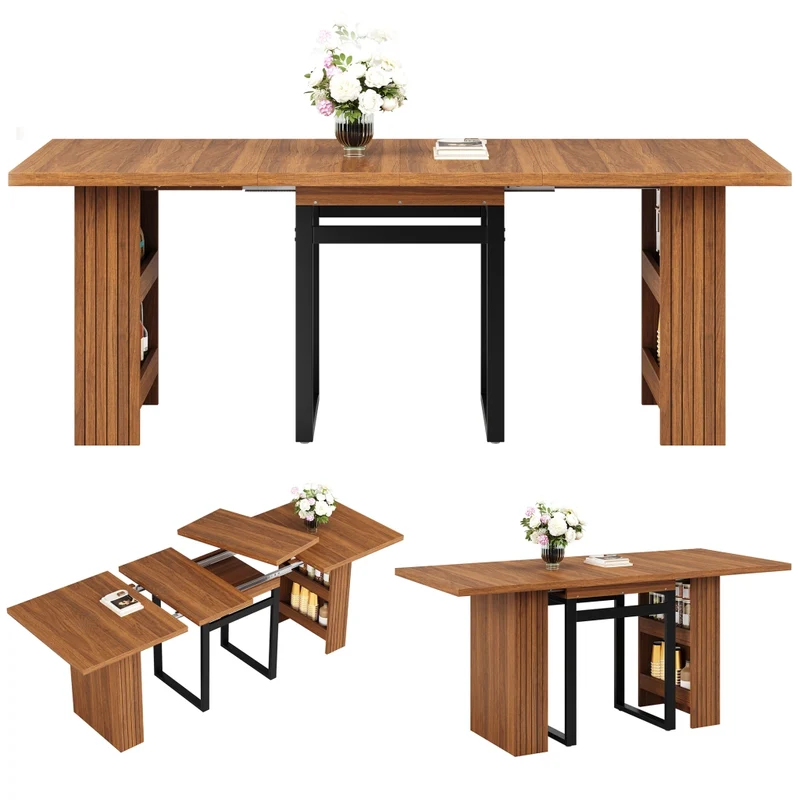 Tavolo da pranzo allungabile da 120 a 160 cm con contenitore nascosto; effetto legno marrone