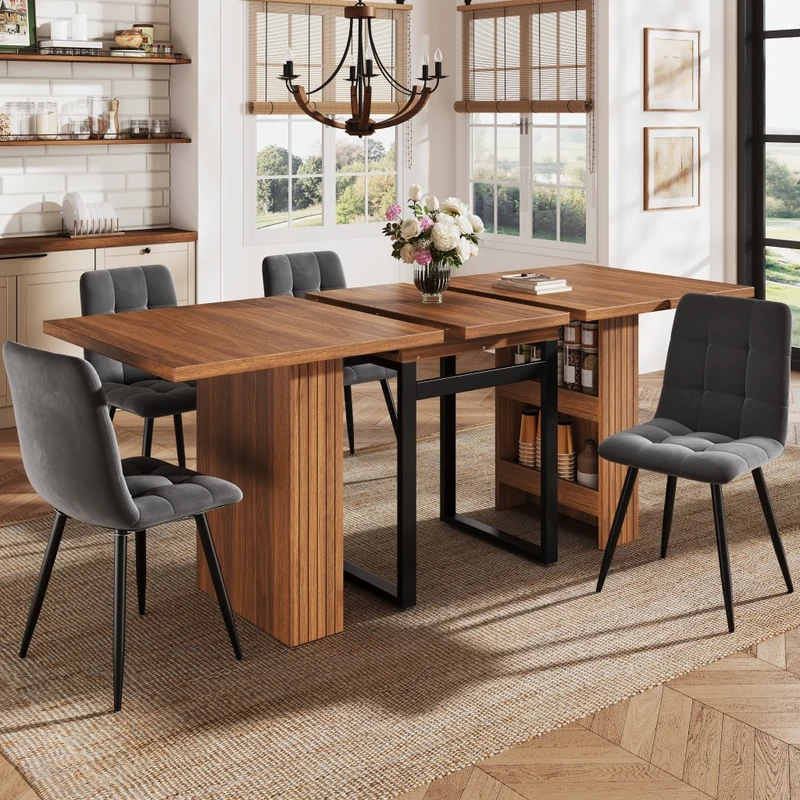 Tavolo da pranzo allungabile da 120 a 160 cm con contenitore nascosto; effetto legno marrone