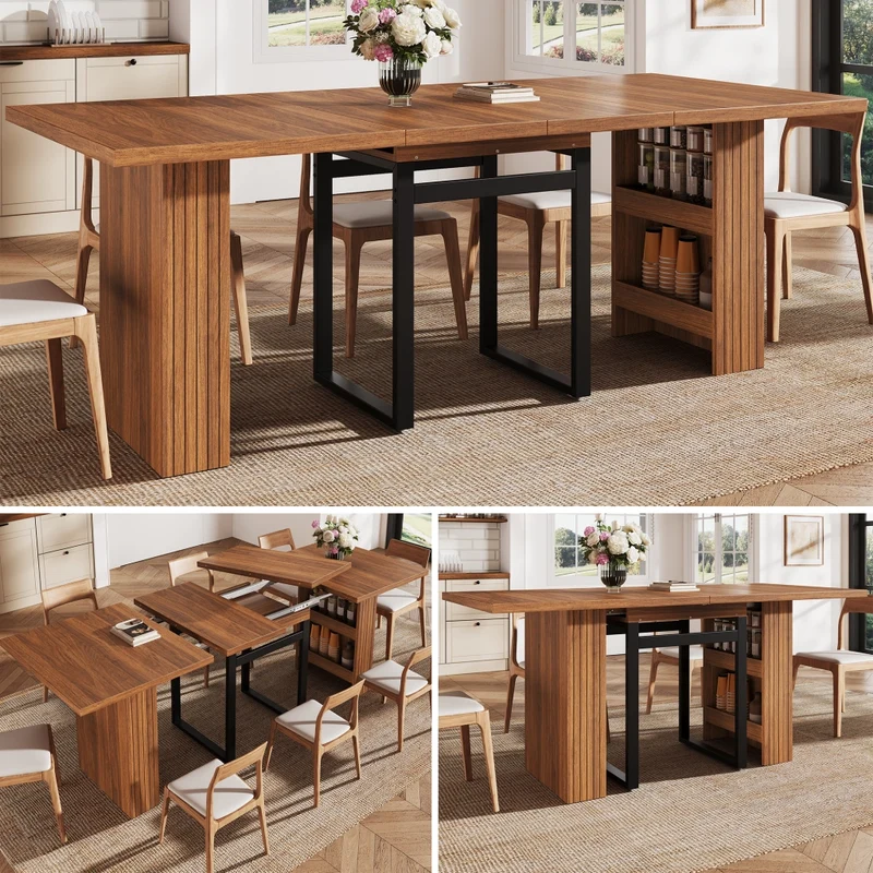 Tavolo da pranzo allungabile da 120 a 160 cm con contenitore nascosto; effetto legno marrone