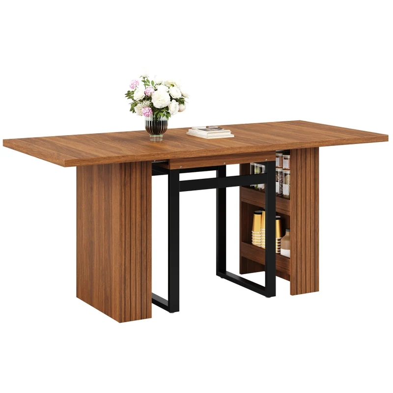 Tavolo da pranzo allungabile da 120 a 160 cm con contenitore nascosto; effetto legno marrone