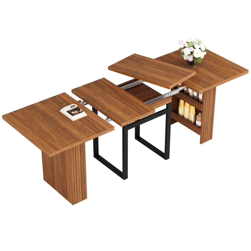Tavolo da pranzo allungabile da 120 a 160 cm con contenitore nascosto; effetto legno marrone