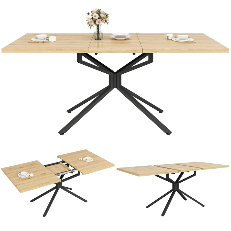 Tavolo da pranzo allungabile 140-180 cm con vano contenitore; MDF e metallo; effetto legno marrone scuro