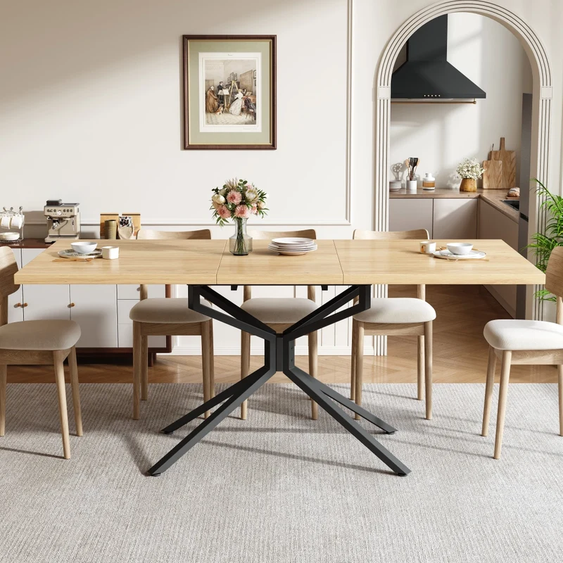 Tavolo da pranzo allungabile 140-180 cm con vano contenitore; MDF e metallo; effetto legno marrone scuro