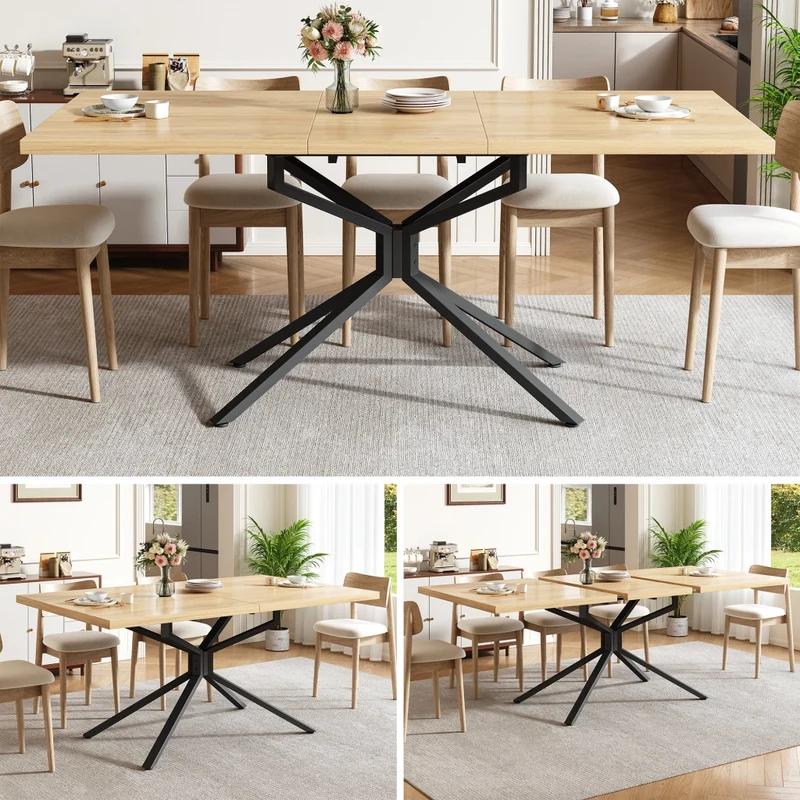 Tavolo da pranzo allungabile 140-180 cm con vano contenitore; MDF e metallo; effetto legno marrone scuro