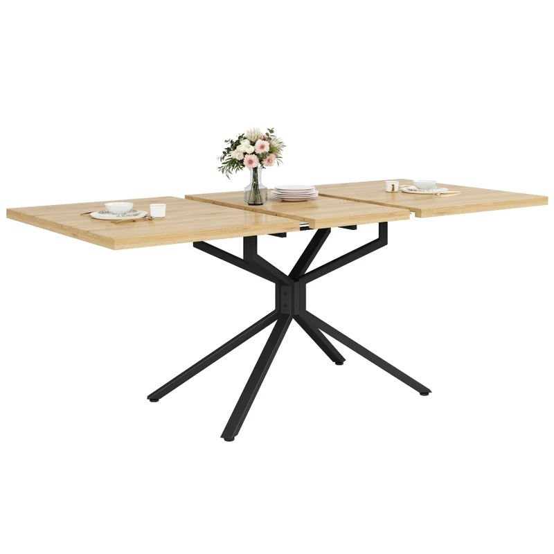 Tavolo da pranzo allungabile 140-180 cm con vano contenitore; MDF e metallo; effetto legno marrone scuro