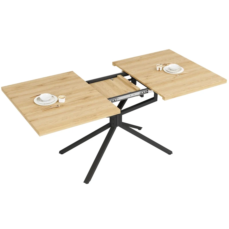 Tavolo da pranzo allungabile 140-180 cm con vano contenitore; MDF e metallo; effetto legno marrone scuro