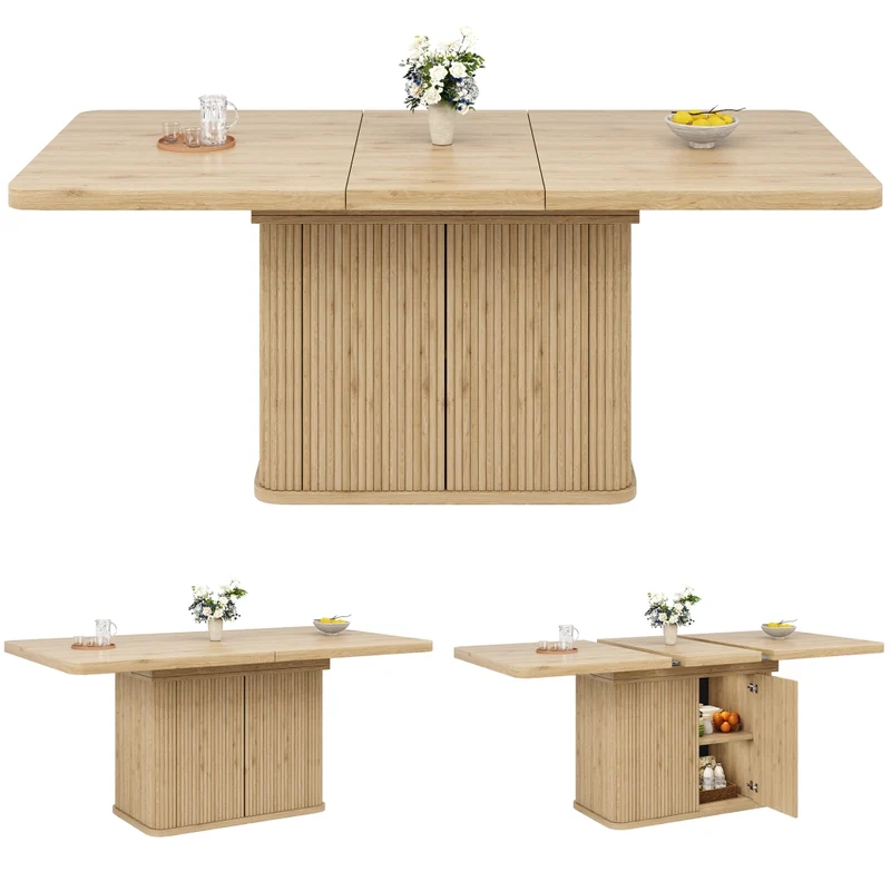 Tavolo da pranzo allungabile da 140 a 180 cm con contenitore nascosto; effetto legno chiaro