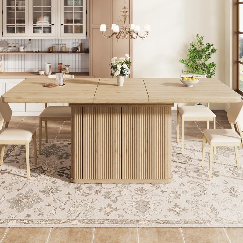 Tavolo da pranzo allungabile da 140 a 180 cm con contenitore nascosto; effetto legno chiaro