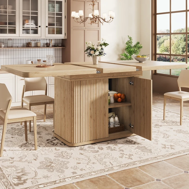 Tavolo da pranzo allungabile da 140 a 180 cm con contenitore nascosto; effetto legno chiaro