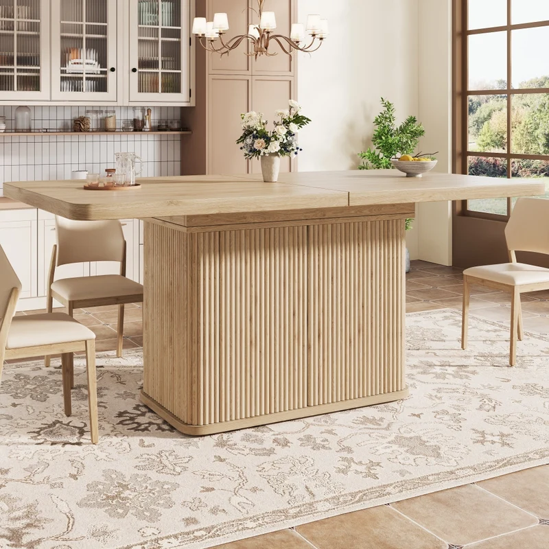Tavolo da pranzo allungabile da 140 a 180 cm con contenitore nascosto; effetto legno chiaro