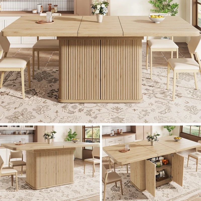 Tavolo da pranzo allungabile da 140 a 180 cm con contenitore nascosto; effetto legno chiaro