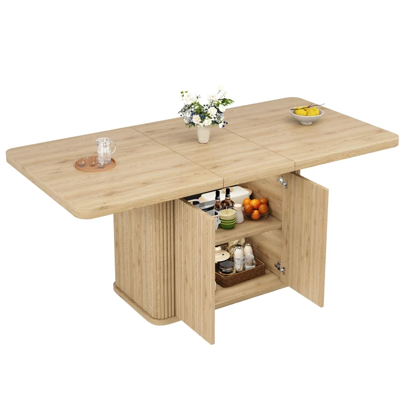 Tavolo da pranzo allungabile da 140 a 180 cm con contenitore nascosto; effetto legno chiaro