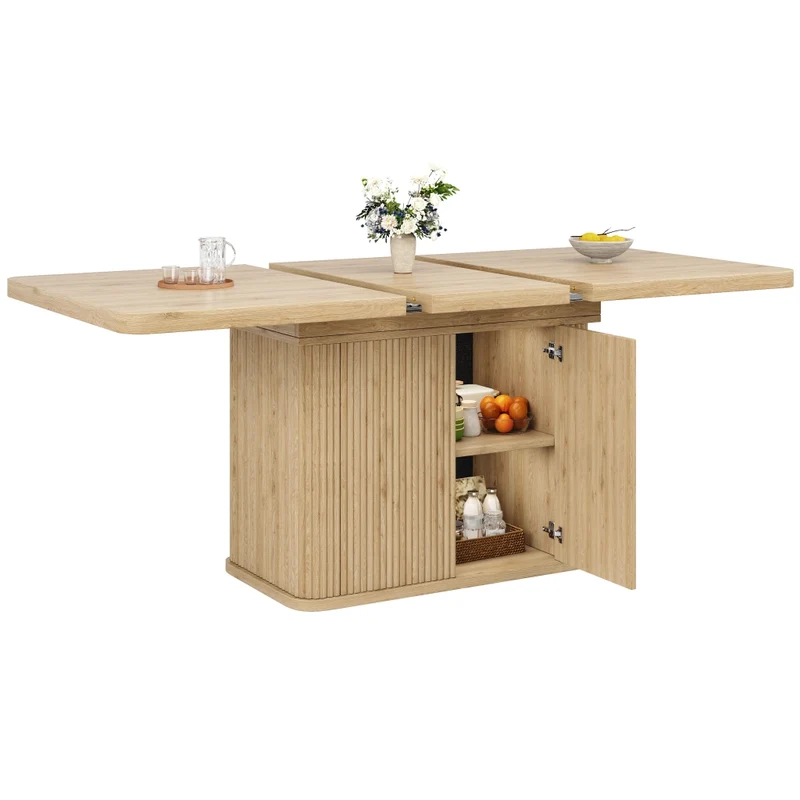 Tavolo da pranzo allungabile da 140 a 180 cm con contenitore nascosto; effetto legno chiaro