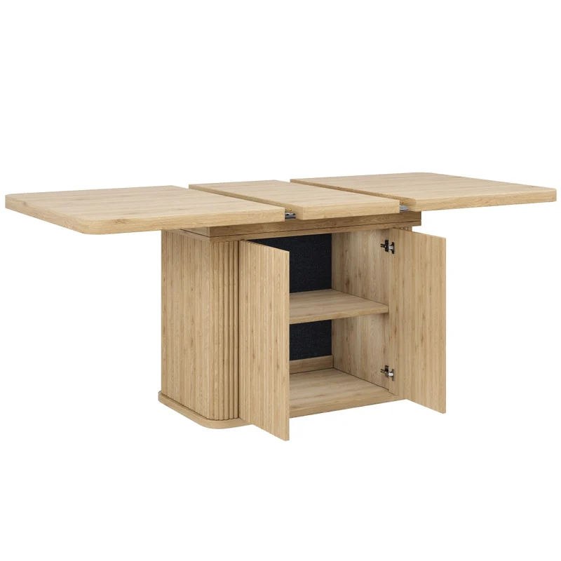 Tavolo da pranzo allungabile da 140 a 180 cm con contenitore nascosto; effetto legno chiaro