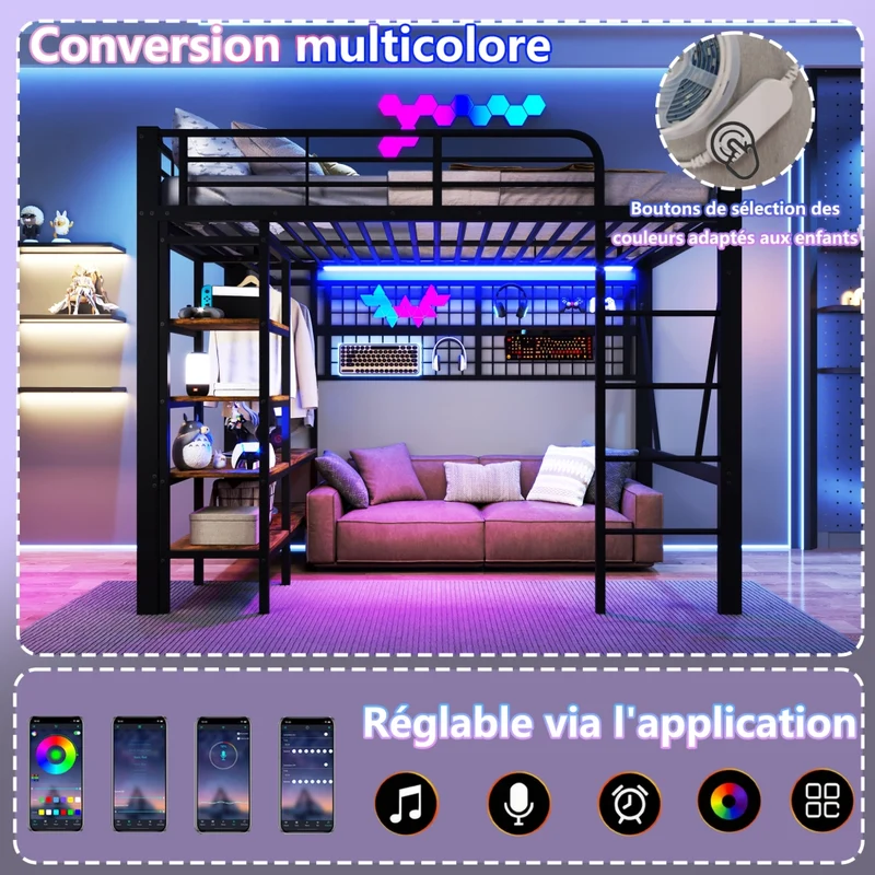 Letto a soppalco 140x200 nero con struttura in metallo; luci LED e spazio aperto sotto
