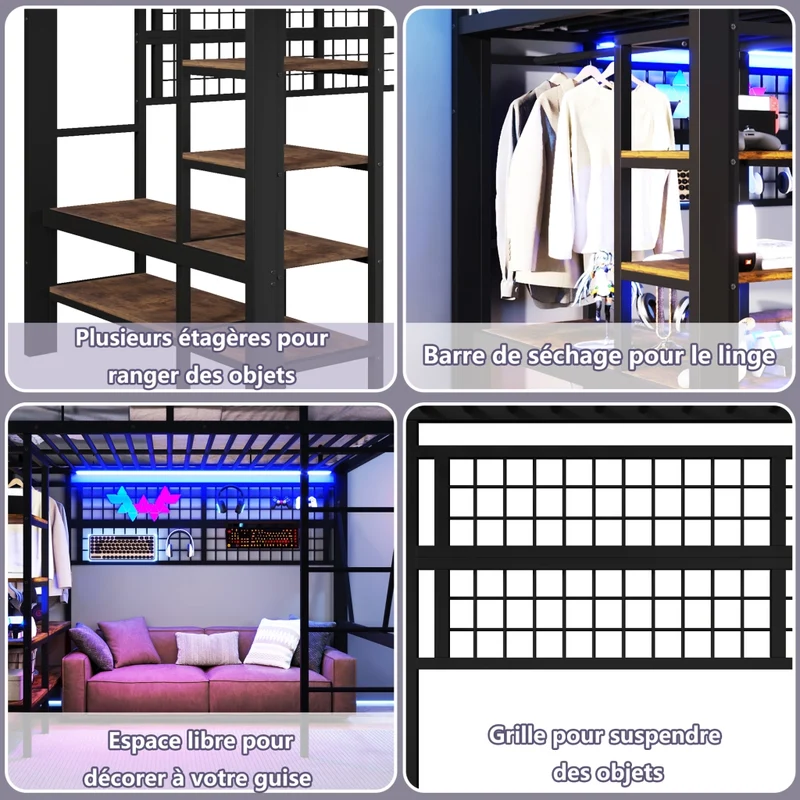 Letto a soppalco 140x200 nero con struttura in metallo; luci LED e spazio aperto sotto
