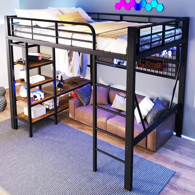 Letto a soppalco 140x200 nero con struttura in metallo; luci LED e spazio aperto sotto