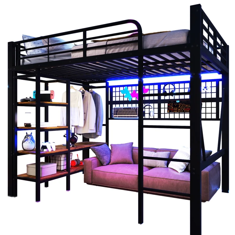 Letto a soppalco 140x200 nero con struttura in metallo; luci LED e spazio aperto sotto