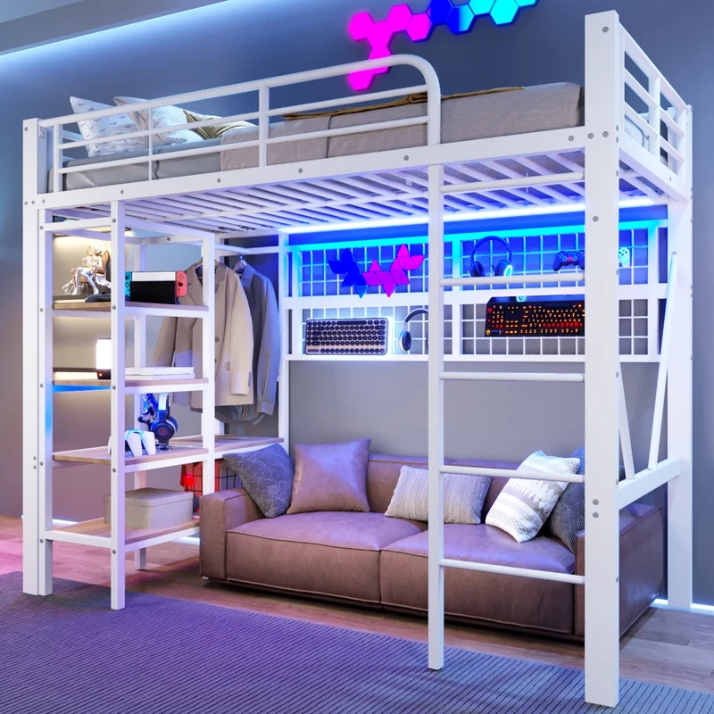 Letto a soppalco 90x200 in metallo e MDF con spazio libero sotto; LED regolabile; bianco