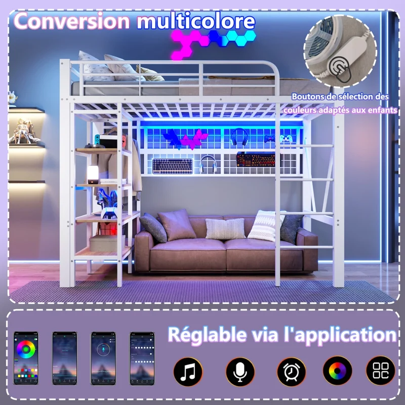 Letto a soppalco 90x200 in metallo e MDF con spazio libero sotto; LED regolabile; bianco