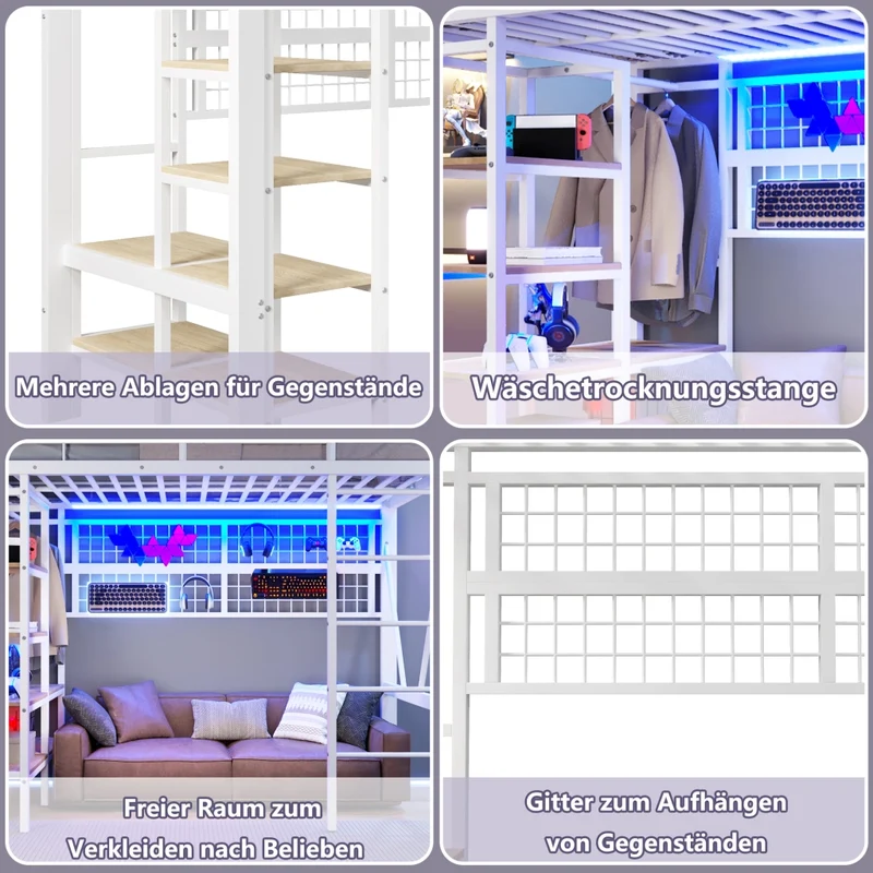 Letto a soppalco 90x200 in metallo e MDF con spazio libero sotto; LED regolabile; bianco