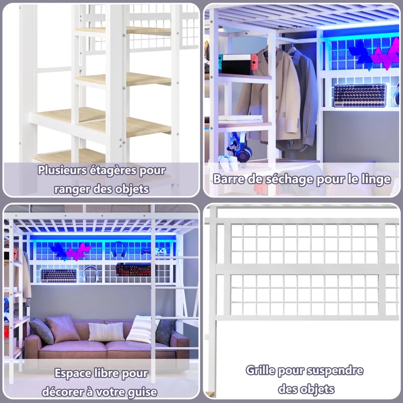Letto a soppalco 90x200 in metallo e MDF con spazio libero sotto; LED regolabile; bianco