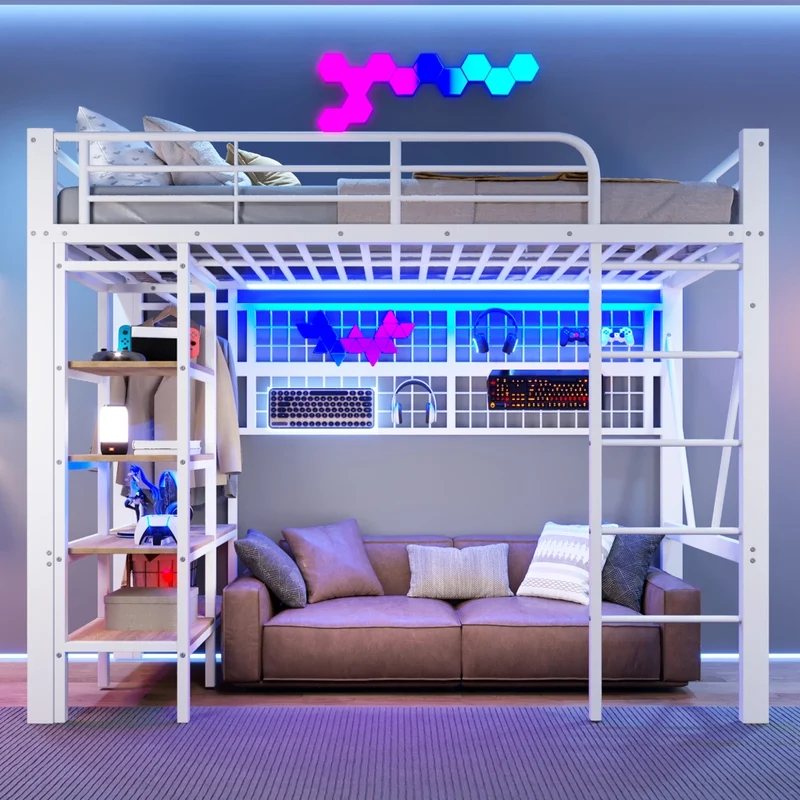 Letto a soppalco 90x200 in metallo e MDF con spazio libero sotto; LED regolabile; bianco