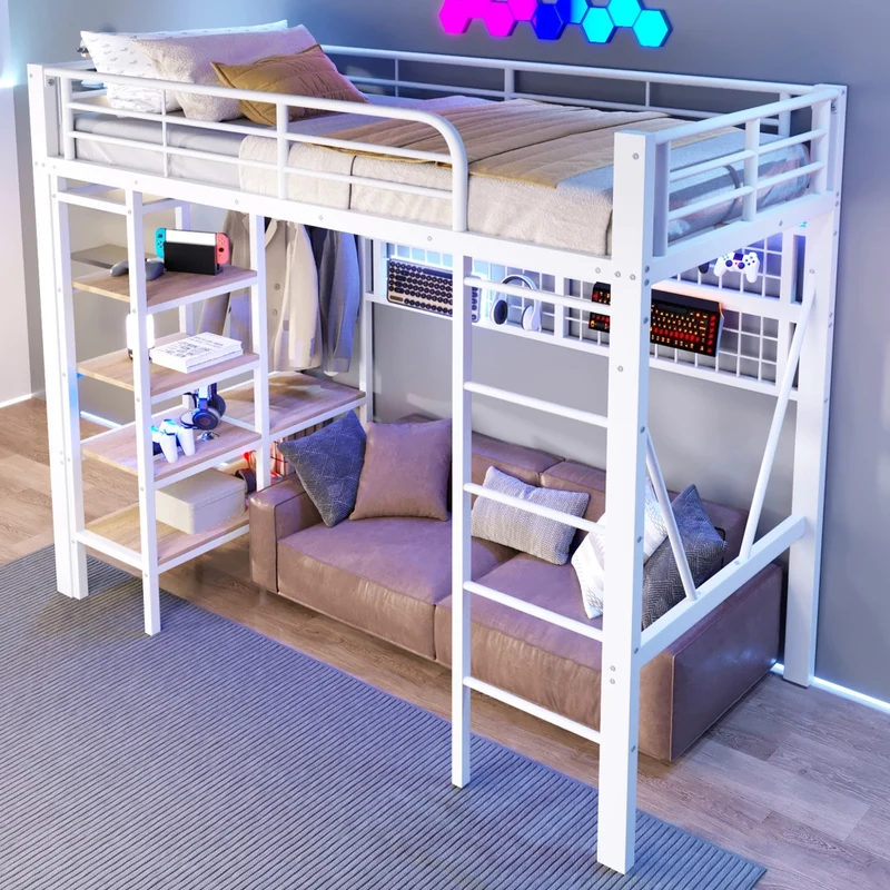 Letto a soppalco 90x200 in metallo e MDF con spazio libero sotto; LED regolabile; bianco