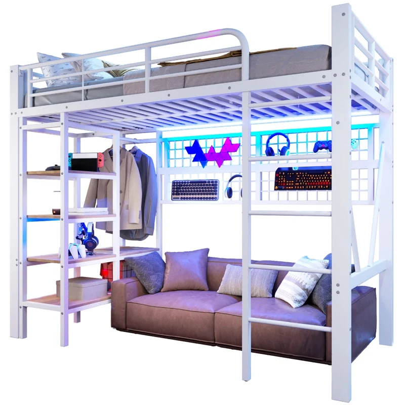 Letto a soppalco 90x200 in metallo e MDF con spazio libero sotto; LED regolabile; bianco