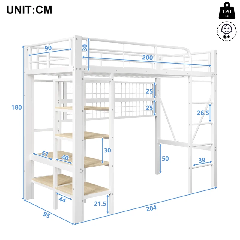 Letto a soppalco 90x200 in metallo e MDF con spazio libero sotto; LED regolabile; bianco
