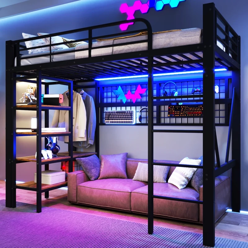 Letto a soppalco 90x200 cm in metallo e MDF con LED; scaffali e spazio aperto; nero
