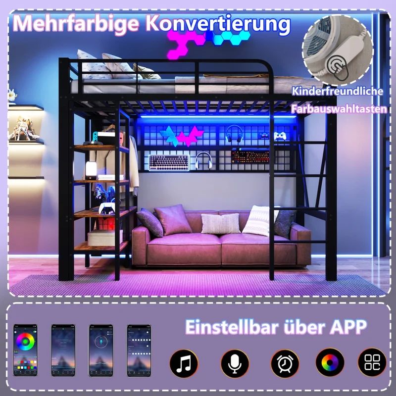 Letto a soppalco 90x200 cm in metallo e MDF con LED; scaffali e spazio aperto; nero