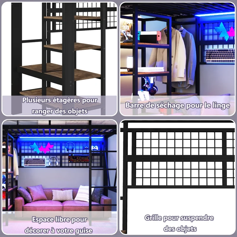 Letto a soppalco 90x200 cm in metallo e MDF con LED; scaffali e spazio aperto; nero