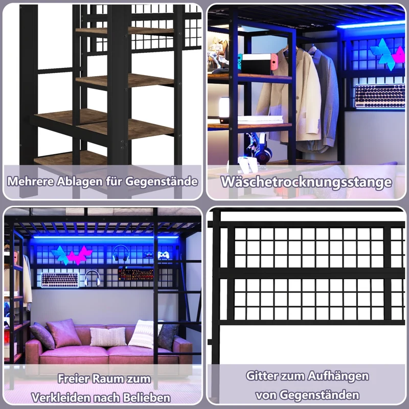 Letto a soppalco 90x200 cm in metallo e MDF con LED; scaffali e spazio aperto; nero