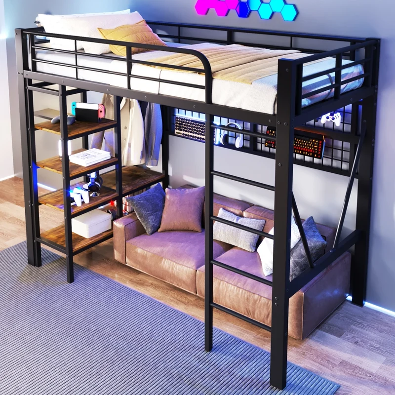 Letto a soppalco 90x200 cm in metallo e MDF con LED; scaffali e spazio aperto; nero