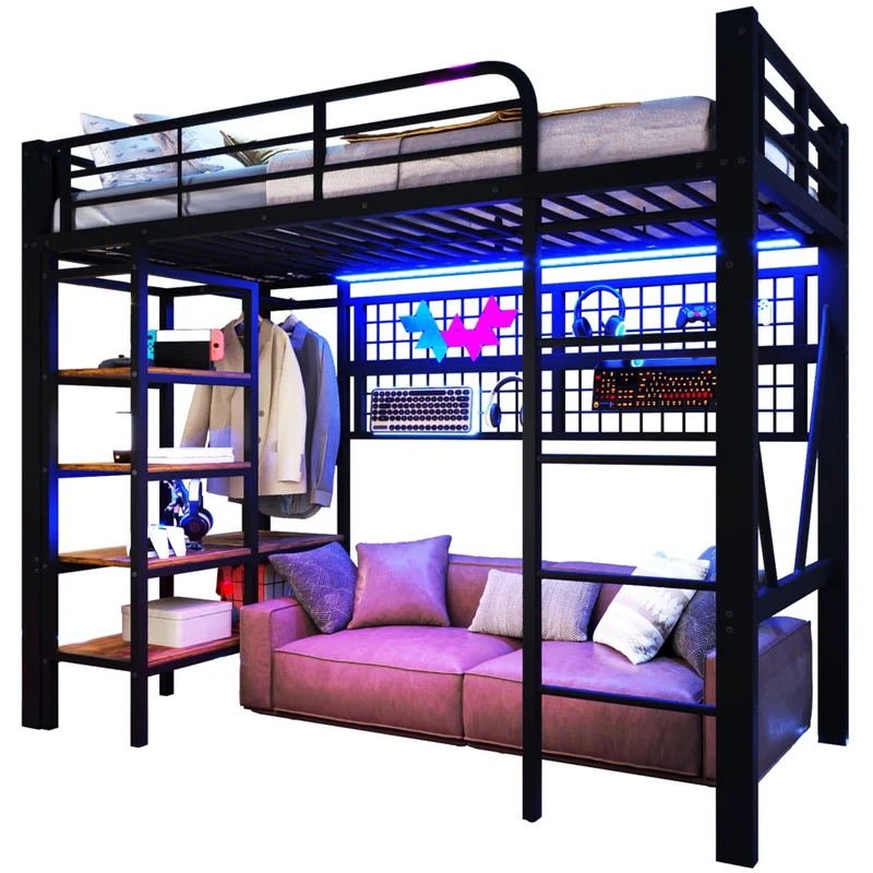 Letto a soppalco 90x200 cm in metallo e MDF con LED; scaffali e spazio aperto; nero