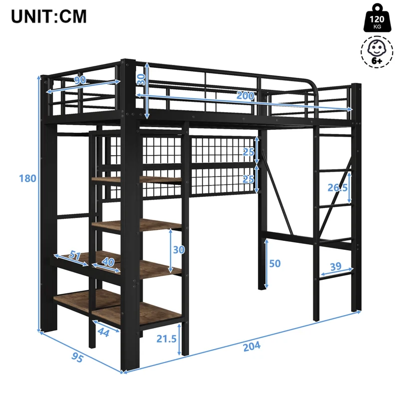 Letto a soppalco 90x200 cm in metallo e MDF con LED; scaffali e spazio aperto; nero