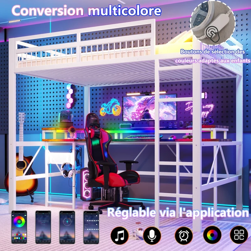 Letto a soppalco 140x200 con scrivania integrata; struttura in ferro e MDF; LED multicolore; bianco