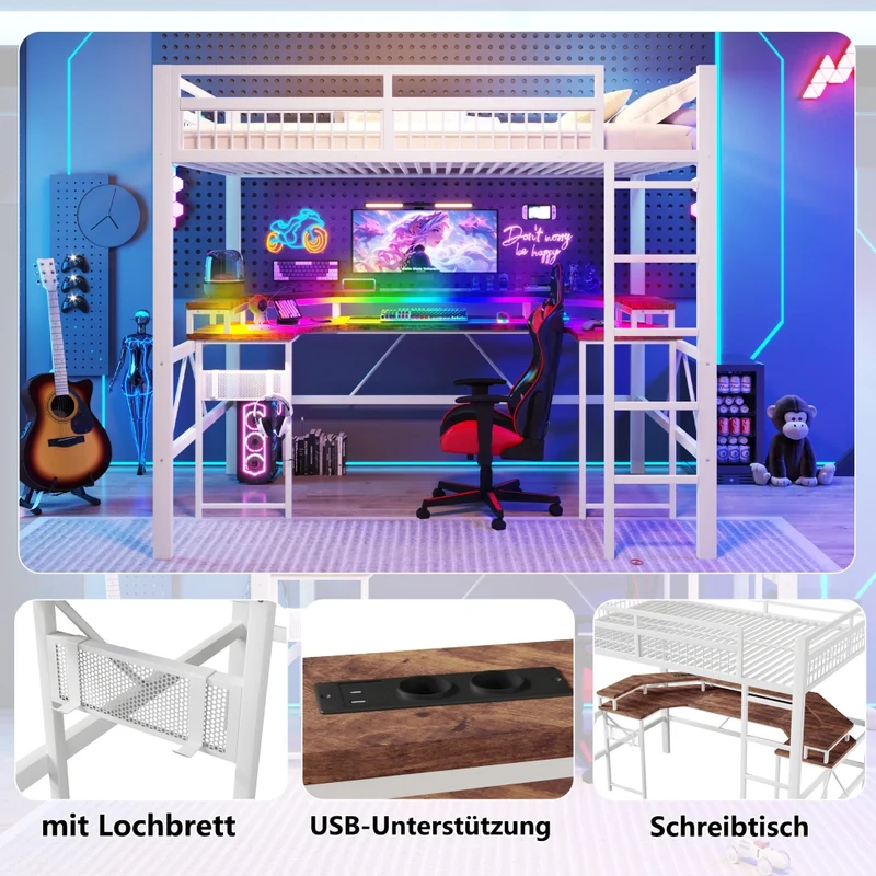 Letto a soppalco 140x200 con scrivania integrata; struttura in ferro e MDF; LED multicolore; bianco