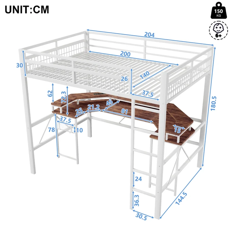 Letto a soppalco 140x200 con scrivania integrata; struttura in ferro e MDF; LED multicolore; bianco