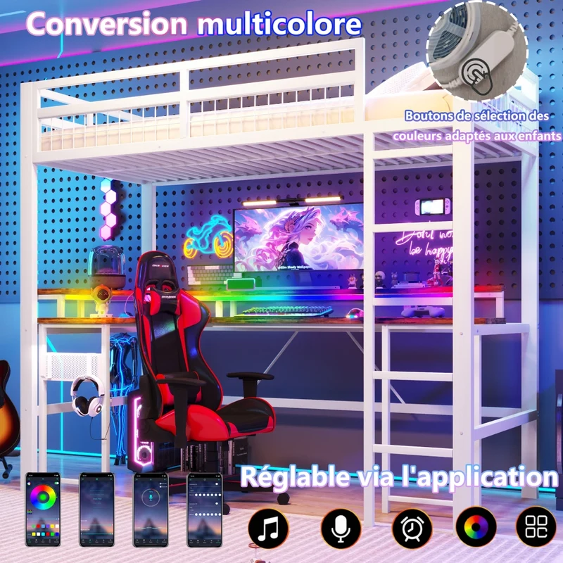 Letto a soppalco 90x200 con scrivania integrata; struttura in metallo e MDF; LED multicolore; bianco
