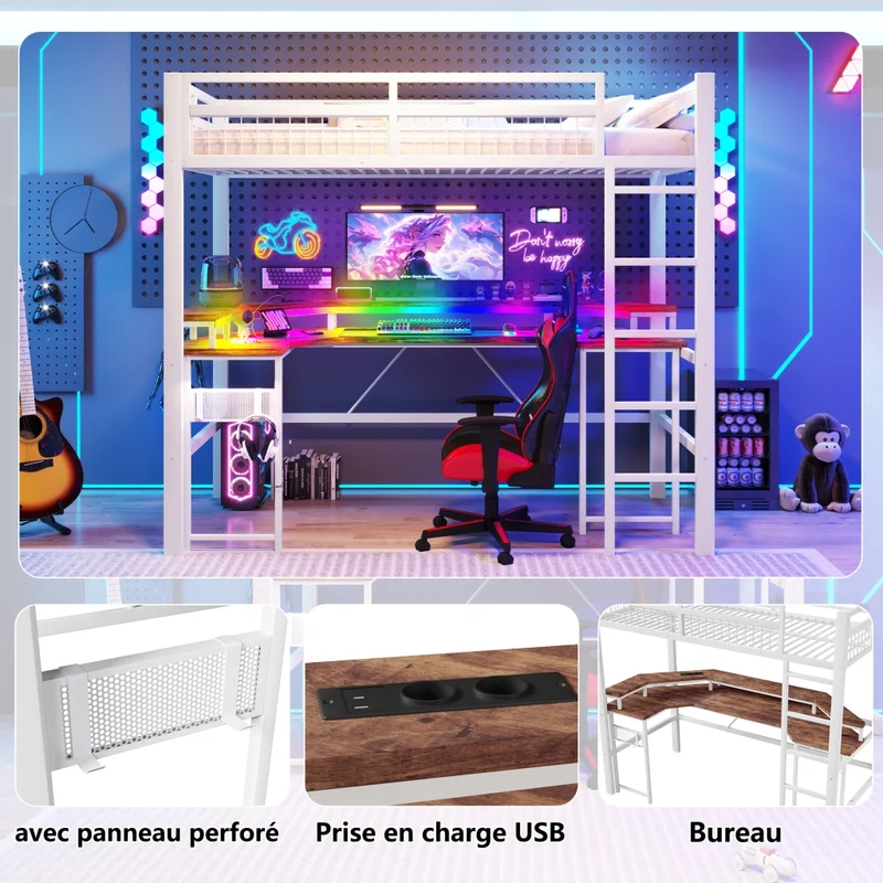 Letto a soppalco 90x200 con scrivania integrata; struttura in metallo e MDF; LED multicolore; bianco