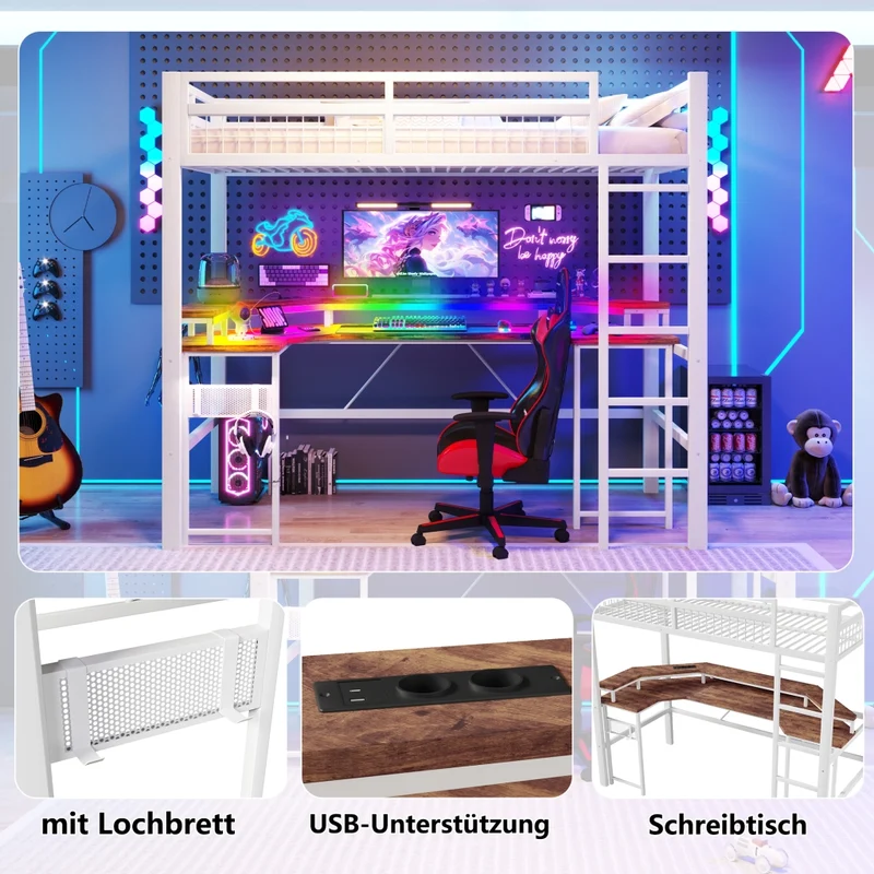 Letto a soppalco 90x200 con scrivania integrata; struttura in metallo e MDF; LED multicolore; bianco