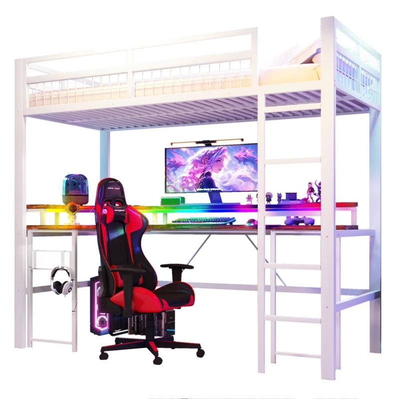 Letto a soppalco 90x200 con scrivania integrata; struttura in metallo e MDF; LED multicolore; bianco