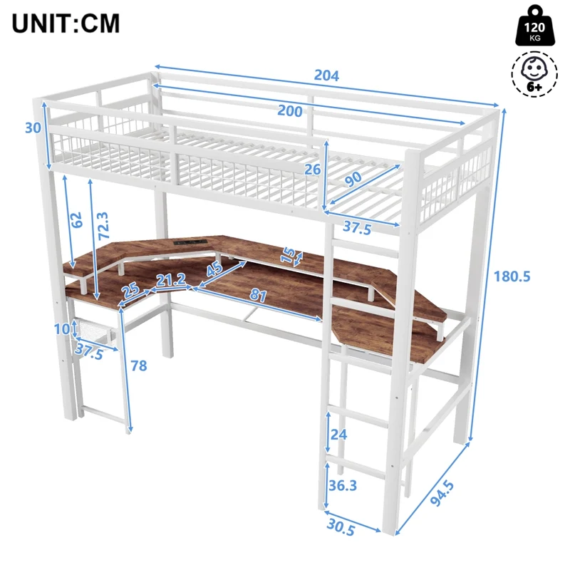 Letto a soppalco 90x200 con scrivania integrata; struttura in metallo e MDF; LED multicolore; bianco