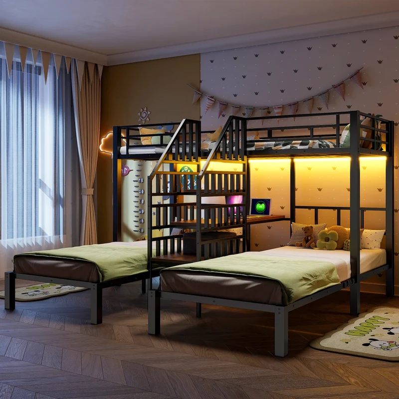 Letto a castello triplo 90x200 cm con scrivania integrata; LED; scala contenitore e struttura nera